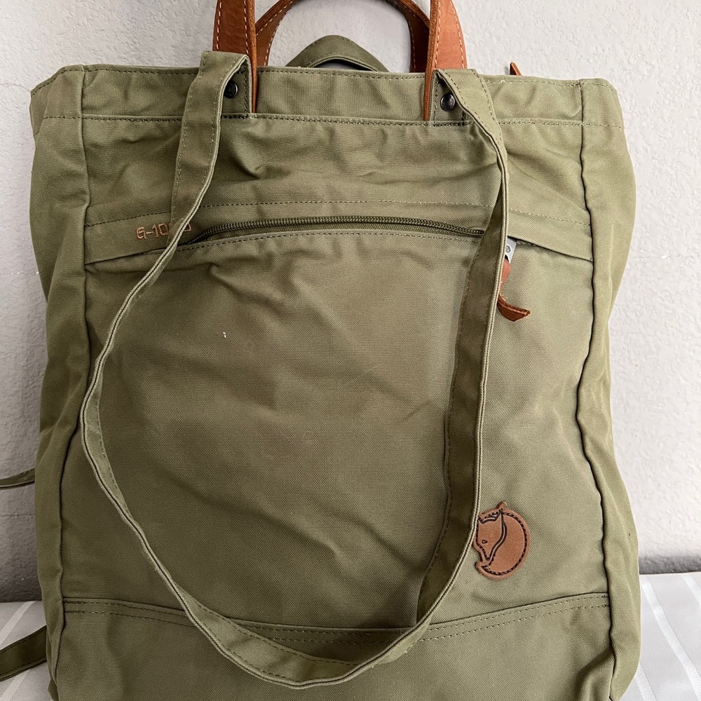 Fjallraven Olive Green Canvas Tote Backpack with Brown Leather Handles